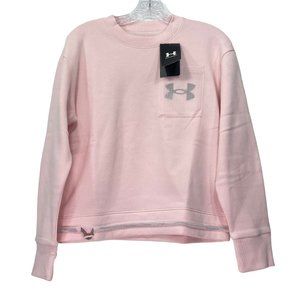 Under Armour Womens  Rival Fleece  Mesh  Crew Sweatshirt  Cropped  Pink Logo